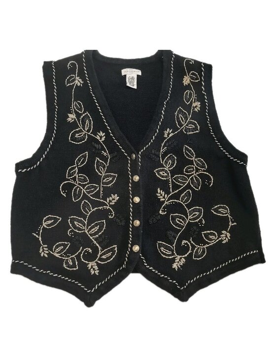 Yarnworks Jackets & Blazers - Yarnworks Women’s XL Black Embroidered Knit Vest Gold Leaf Design Boho Formal